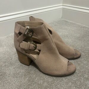Sole Society Taupe Suede Peep-Toe Block Heel Sandals